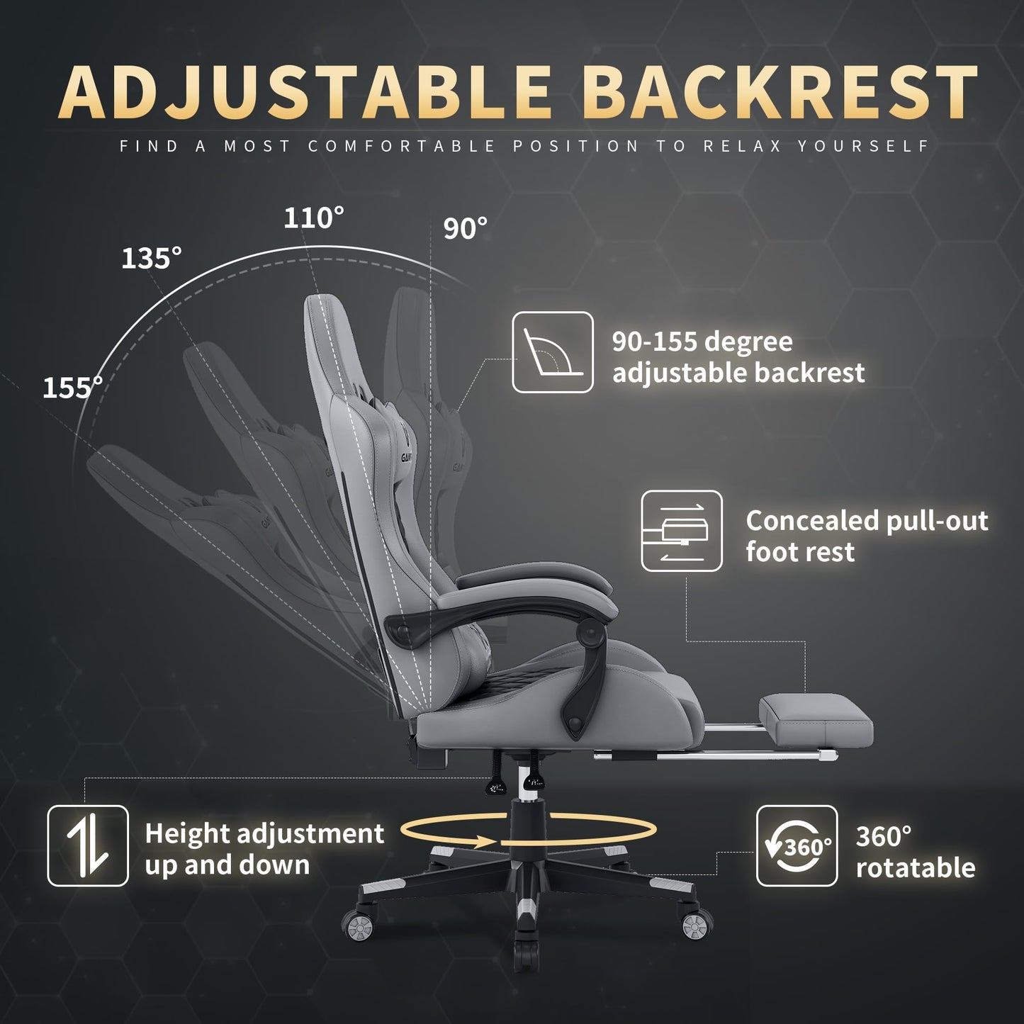 Gamtimer Gaming Chair, 400 lbs Adult Chair, High Back Computer Chair with Footrest and Linked Armrests, Office Video Game Chair with Lumbar Support (Grey)